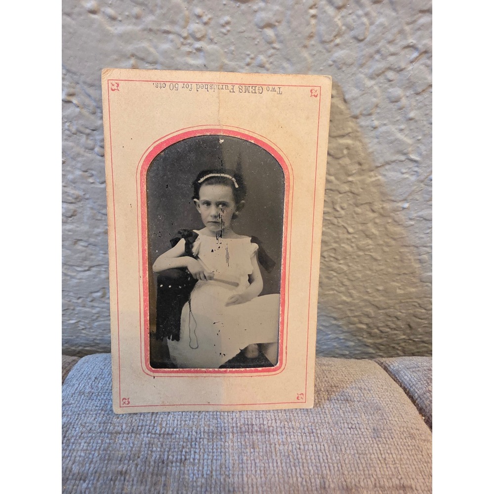 Antique Gem Tintype Photograph Victorian Girl White Dress 1870s-1890s Portrait